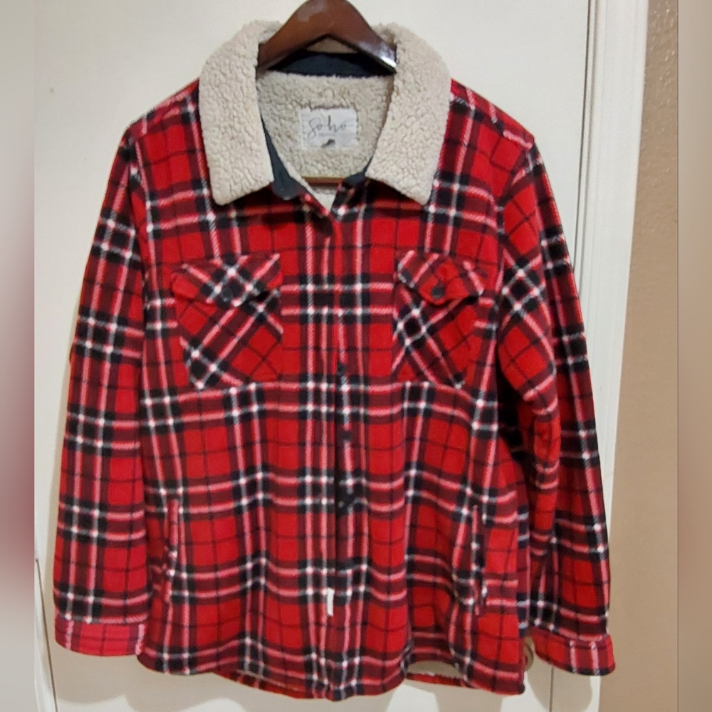 🌺 Unisex Soho Threads Red Plaid Sherpa-Lined Jacket
